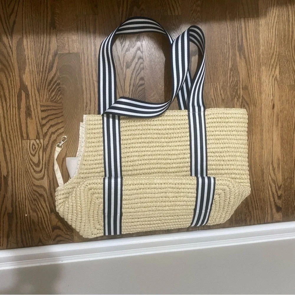 STRIPED TWILL STRAW PET TOTE ☀️🌴🏖️